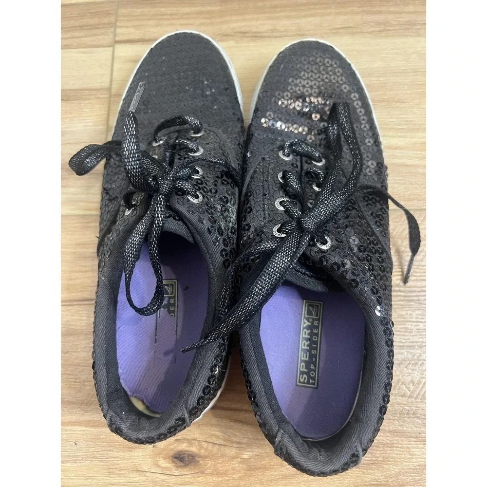 Sperry‎ Top Sider Shoes Wm Size 7.5 Black Sequin Lace Up Sneaker Casual Glam